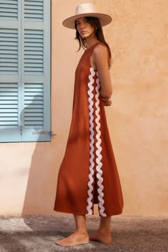 Margot Dress In Copper Ric Rac – Mister Zimi Textured Fabric Dress, Mister Zimi, Trims Fashion, Sets Summer, Ric Rac, Dress Silhouette, Kurta Designs, Midi Maxi Dress, Western Dresses