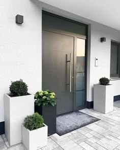 two planters are on the side of a building with a door and glass windows