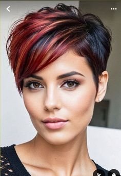 Asymmetrical Pixie Edgy, Pixie Hair Color, Women's Haircut, Haircuts To Try, Short Spiked Hair, Funky Short Hair, Short Red Hair, Short Haircut Styles, Colourful Hair