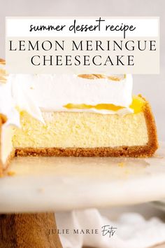 a slice of lemon meringue cheesecake on a plate with the title overlay