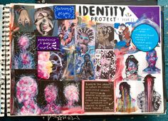 an open book with many pictures and words on it's pages, including the title identity project year 4