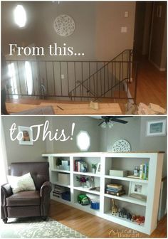 before and after shots of a living room with built - in bookshelves, couches, and stairs