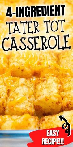 a casserole dish with tater tots in it and the words, 4 ingredient tater tot casserole