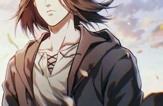 an anime character with long hair standing in front of the sky and looking to his left