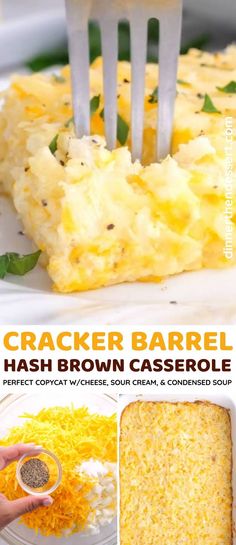 the recipe for cracker barrel hash browns casserole is shown