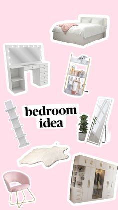 the bedroom is decorated in pink and white with lots of items on it, including a bed