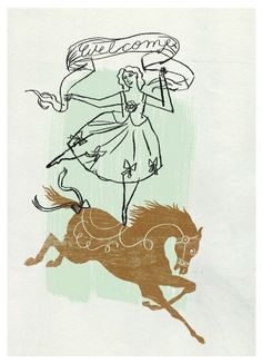 a drawing of a woman riding on the back of a horse