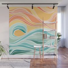 an abstract wall mural with waves in pastel colors