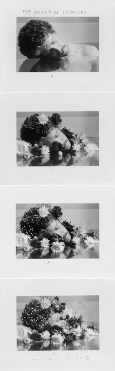 four black and white photographs with flowers in the middle one has an image of a woman's head