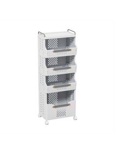 the four shelves are white and have grey bins on each side, with yellow handles