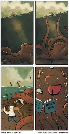 an octopus is reading a book in the ocean while another looks at it with its mouth open