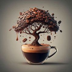 a cup filled with coffee beans and a tree in the middle of it's top