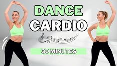 a woman in green top and black leggings doing dance cardio with music notes