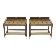 two wooden tables sitting side by side