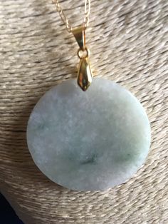 "Green Jadeite Disc Intricate Hand-carved Gem Certified 14Kt Gold Link Chain Pendant Necklace 19\" #919 Size of Disc: 1.5 inch Weight: 13.67g = 68.35 Ct This is hand-strung with 14kt gold. Semi-translucent moss in snow disc in immaculate condition. Comes with the gift of a gem certificate for each of the jadeite bead necklace and celadon nephrite dainty bamboo pendant. Lovely keepsake!" Gold Jade Round Necklace, Formal Jade Necklace With Round Pendant, Jade Round Large Pendant Jewelry, Carved Yellow Gold Round Necklace, Formal Carved Round Necklace, Formal Round Carved Necklace, Round Carved Jade Jewelry, Carved Round Jade Jewelry, Round Jade Jewelry With Large Stone