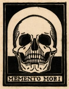 a black and white drawing of a skull with the words mementoo mori on it