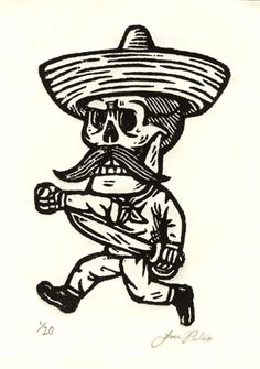 a black and white drawing of a skeleton wearing a sombrero with a mustache