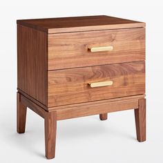 a wooden nightstand with two drawers on one side and an open drawer on the other