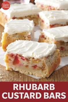 rhubarb custard bars with white frosting on top