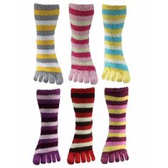 Keep your feet warm and cozy this winter in these fun tri-color striped fuzzy toe socks. These soft and plush socks come six in a pack. Exact colors and variation of toe socks may vary slightly due to manufacturer packaging. These fuzzy toe socks are made from 98% polyester and 2% spandex blend. Each pair is individually carded. These socks make a great gift. Wear fuzzy toe socks on cold winter days, Surround each individual toe with a warm layer of plush fabric. Product Code: L01562 SKU: L01562 Fancy Christmas, Fuzzy Socks, Pretty Designs, Cozy Socks, Toe Socks, Striped Socks, Colorful Socks, Christmas Socks, Holiday Design