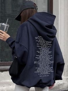 Navy Blue Casual Collar Long Sleeve Fabric Slogan Pullovers Embellished Non-Stretch  Women Clothing Effortless Style Fall, Casual Chic Fall, Drop Shoulder Hoodie, Chic Fall Outfits, Hoodie Outfit, Oversize Hoodie, Hoodie Design, Graphic Hoodies, Casual Outfit