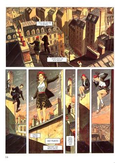 a comic strip with an image of a woman on top of a building