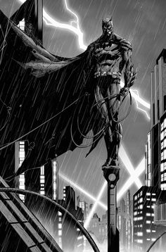 batman in the rain on top of a clock tower with lightning behind him and city lights