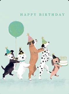 a birthday card with four dogs holding balloons and wearing party hats, one dog is jumping in the air