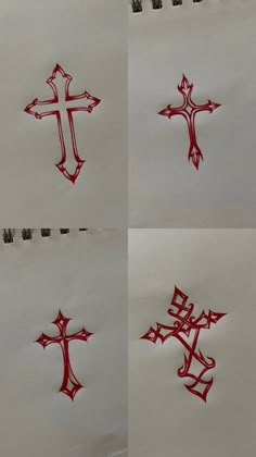 four different crosses drawn in red ink on white paper with black and silver writing underneath