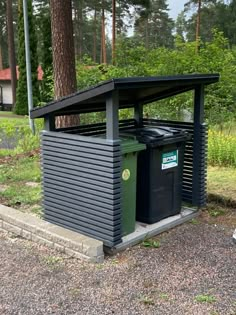 there is a small shelter with two trash cans in the front and one on the side