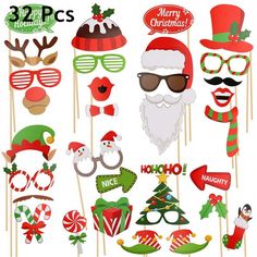 christmas photo booth props with santa hats, sunglasses and candy canes on white background