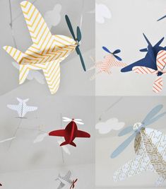 four different types of paper airplanes hanging from the ceiling with text overlay that reads, cactus and olive handmade paper airplane mobiles