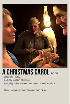 a christmas carol 2009 movie poster with two people looking at each other and one man holding the woman's hand