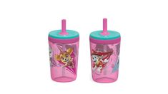 two children's sippy cups with pink and blue lids, one has paw patrol characters on it