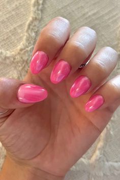 pink chrome nails. nails, august nails, fairy nails, barbie pink nails, barbie nails short, barbie themed nails, first day of school nails, august nail ideas, pink, pink nail inspo #nails #pink Plain Nail Color Ideas Summer, Nail Ideas Acrylic One Color, Nail Inspo For School Dance, How Pink Nails, Cute Basic Pink Nails, Barbie Flower Nails, Nail Ideas For The First Day Of School, Nails That Go With Pink Dress, Short Birthday Nails Pink