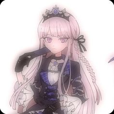 an anime character with long white hair wearing a black dress and holding a knife in her hand