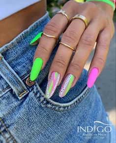 90s Neon Nails, Crazy Summer Nails Neon, Matte Toes, Neon Pink And Green Nails Acrylic, Green And Pink Neon Nails, Neon Pink Beach Nails, Bright Neon Nails, Acrylic Nails Pretty, Neon Nail Extensions