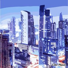 a painting of a cityscape with the words color planet on it