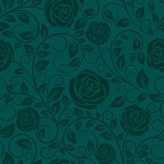 a dark green wallpaper with roses and leaves on the bottom, in an ornate pattern