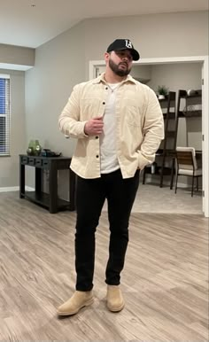 Outfits For Men Plus Size, Outfits For Large Men, Mens Cream Jacket Outfit, Men Outfits With Boots, Mens Clothing Styles Bigger Guys, Big Size Outfit Men, Outfit Ideas Big Size Men, 3x Mens Fashion, Mens Plus Size Fall Fashion