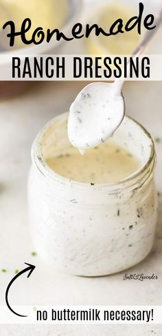 homemade ranch dressing in a small jar with a spoon sticking out of it and text overlay reading homemade ranch dressing no buttermik necessary