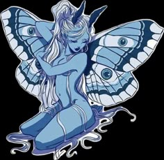 a blue fairy sitting on top of a butterfly