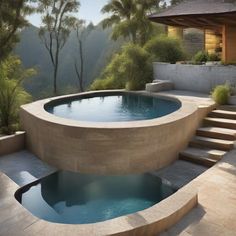 an outdoor swimming pool with steps leading up to it