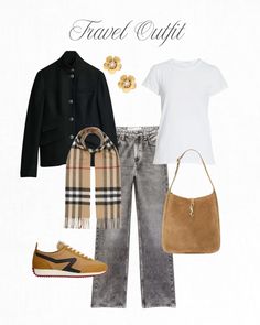 a women's outfit with shoes, scarf and handbag