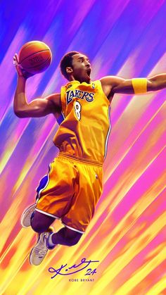 a painting of a basketball player jumping up in the air with a ball on his hand