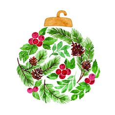 a watercolor christmas ornament with pine cones, berries and evergreen leaves on it