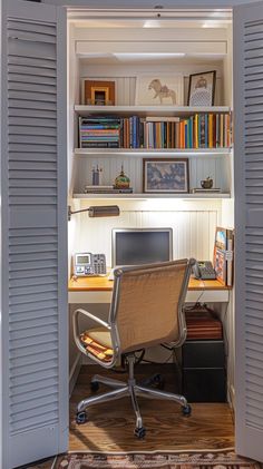 an open door leading to a desk with a computer and bookshelf in the background