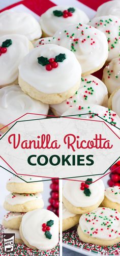 vanilla ricotta cookies with white frosting and sprinkles on a platter