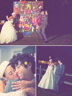 a couple is posing for pictures in front of a colorful wall and some other photos