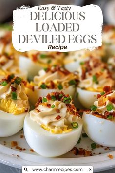 deviled eggs on a plate with text overlay